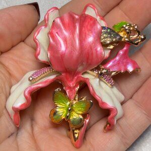 Orchid Flower Brooch Pink Enamel Rhinestone Statement Pin – 2.75”